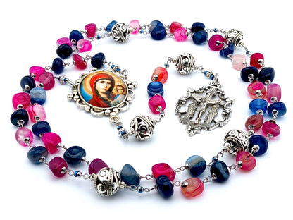 Our Lady of Perpetual Help unique rosary beads with multi coloured  agate gemstone beads, silver two Marys crucifix and picture centre medal.