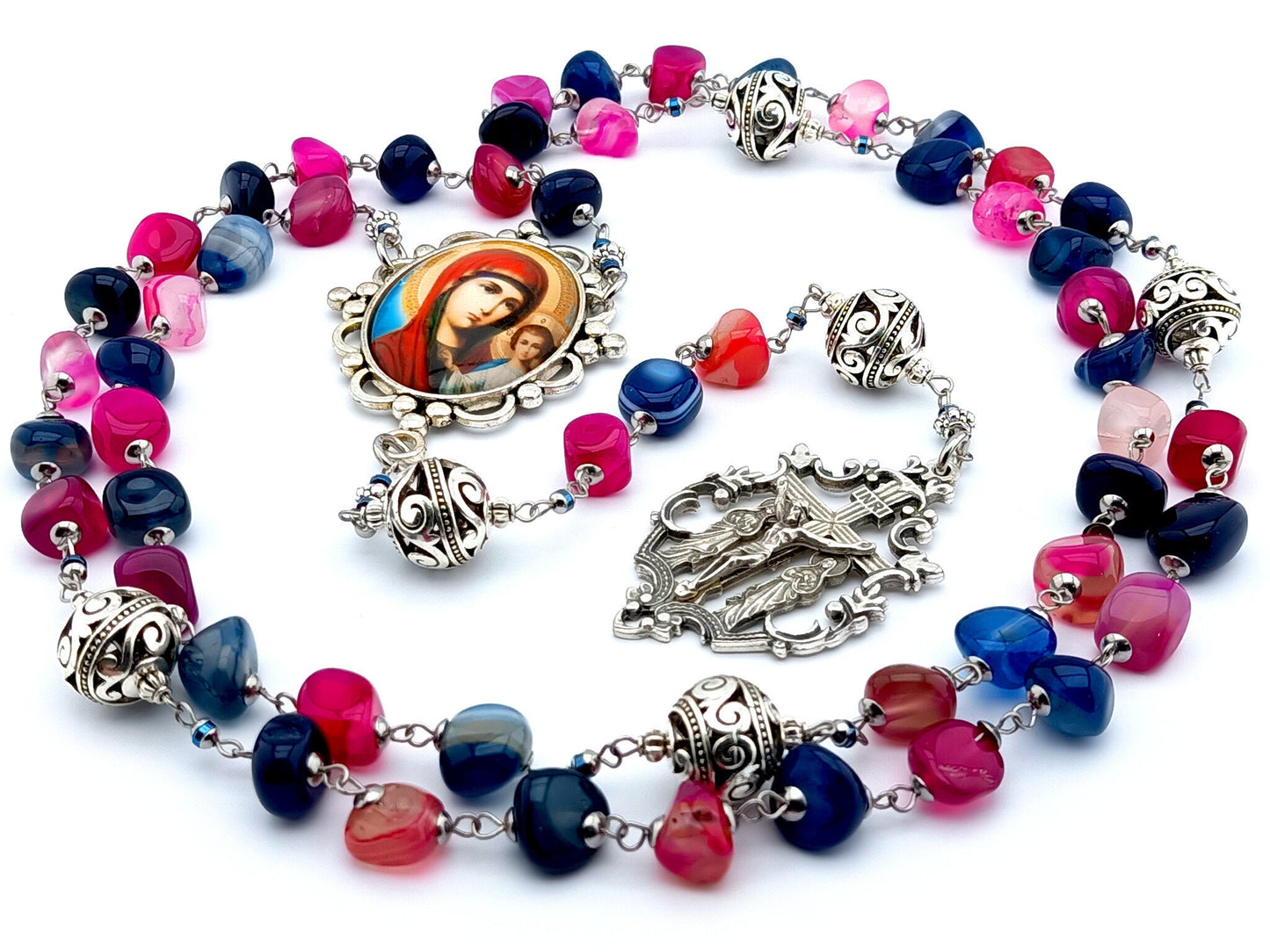 Our Lady of Perpetual Help unique rosary beads with multi coloured  agate gemstone beads, silver two Marys crucifix and picture centre medal.