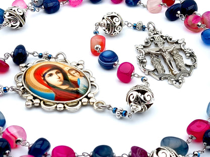 Our Lady of Perpetual Help unique rosary beads with multi coloured  agate gemstone beads, silver two Marys crucifix and picture centre medal.