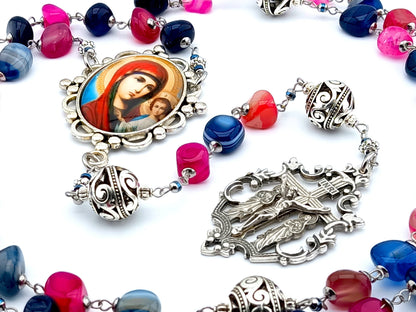 Our Lady of Perpetual Help unique rosary beads with multi coloured  agate gemstone beads, silver two Marys crucifix and picture centre medal.