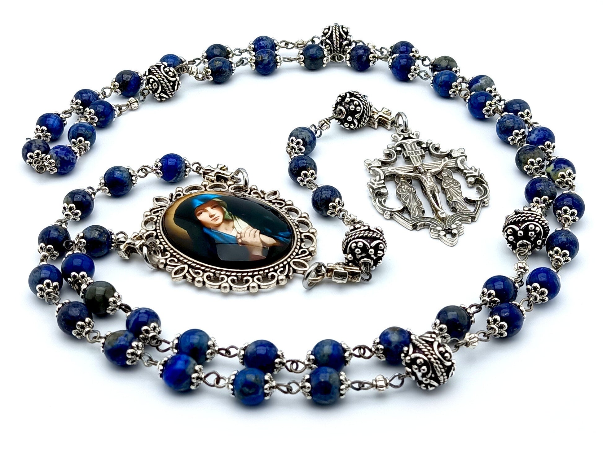 Our Lady of Sorrows unique rosary beads with lapis lazuli and silver beads, two Marys crucifix and large picture centre medal.