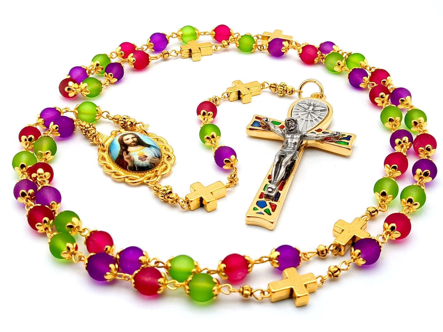 Sacred Heart unique rosary beads with multi coloured glass beads, Holy Spirit crucifix, golden accessories and picture centre medal.