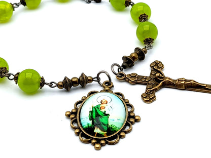 Saint Jude unique rosary beads prayer chaplet with peridot gemstone beads, bronze crucifix and picture end medal.
