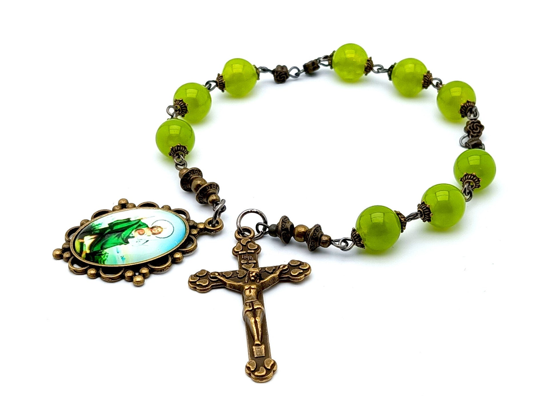 Saint Jude unique rosary beads prayer chaplet with peridot gemstone beads, bronze crucifix and picture end medal.