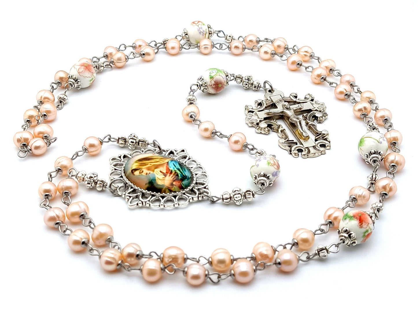 Fiat of the Blessed Virgin Mary unique rosary beads with freshwater pearls and porcelain beads, silver filigree crucifix and picture centre medal.