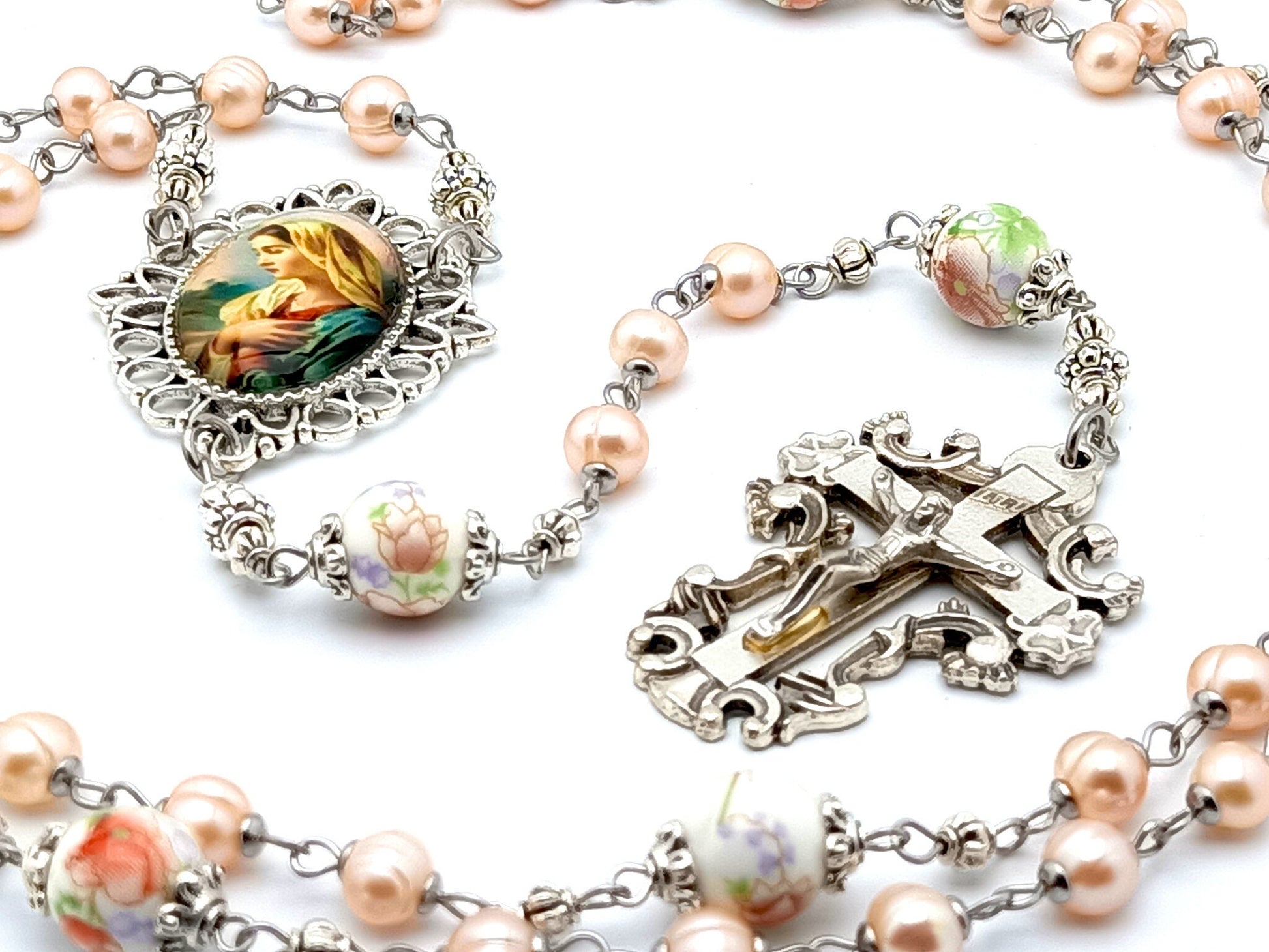 Fiat of the Blessed Virgin Mary unique rosary beads with freshwater pearls and porcelain beads, silver filigree crucifix and picture centre medal.