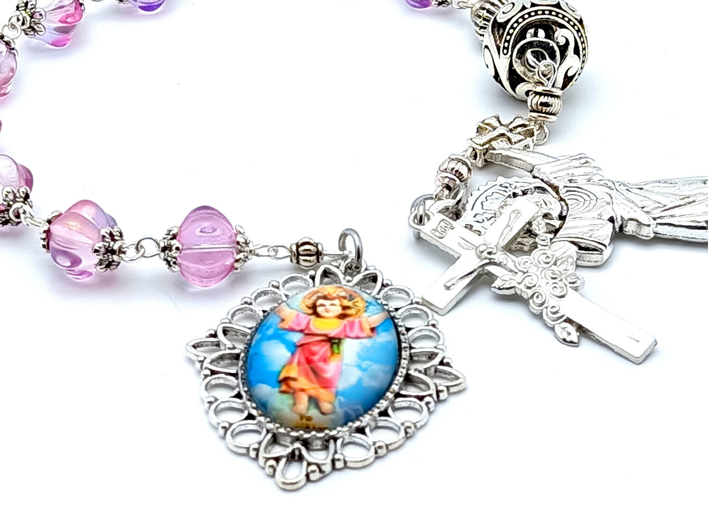 Divino Nino unique rosary beads single decade rosary with pink lamp glass beads, silver Divino Nino medal and crucifix.