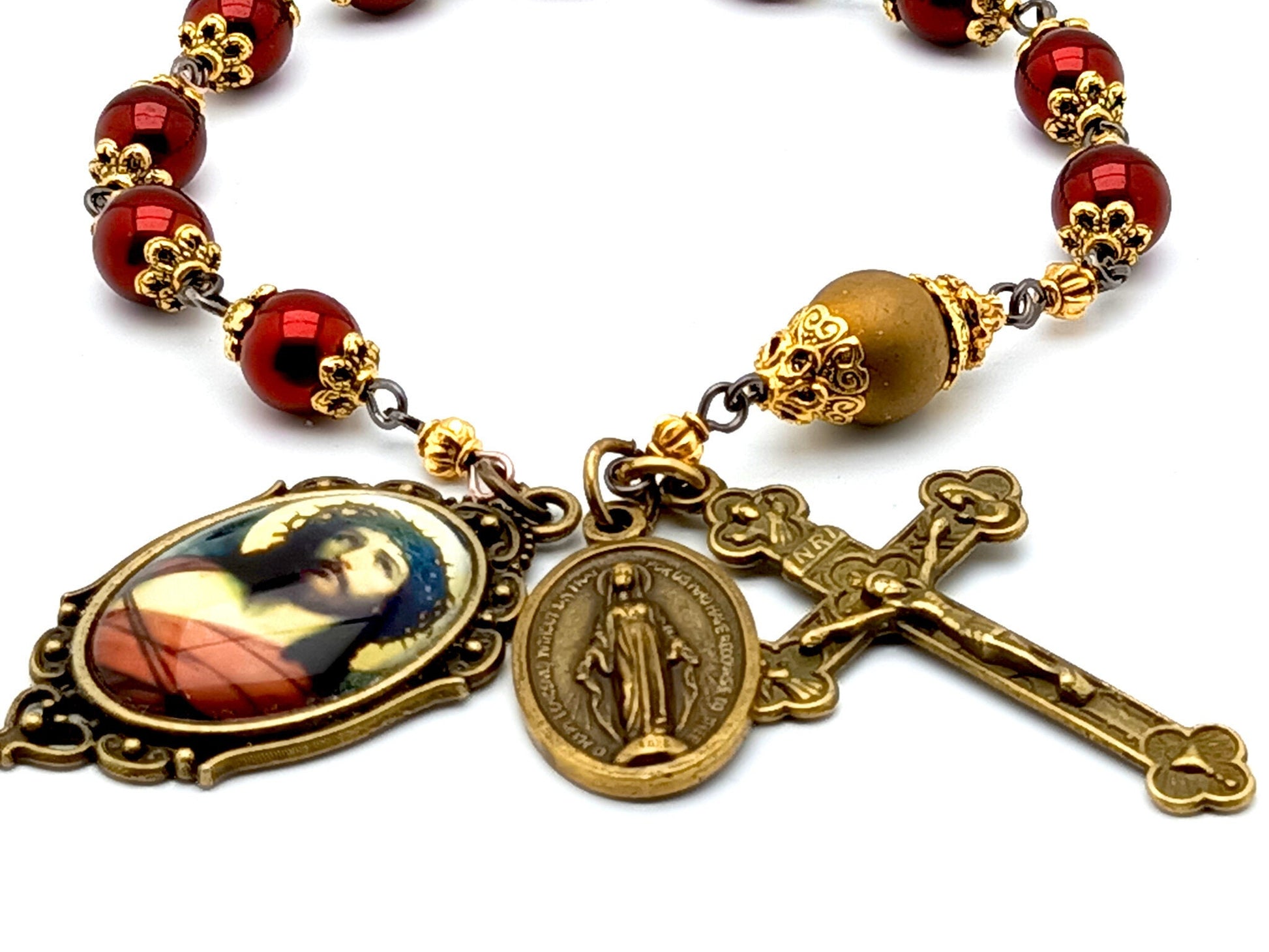 Crown of Thorns unique rosary beads single decade rosary with red hematite beads golden accessories, bronze crucifix, miraculous medal and picture centre medal.