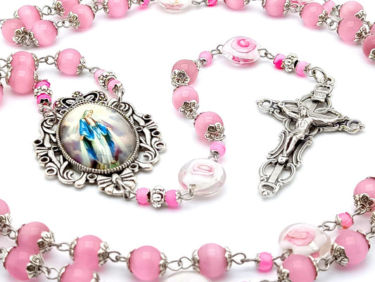 Our Lady of Grace unique rosary beads with pink glass and handmade floral beads, filigree crucifix and picture centre medal.