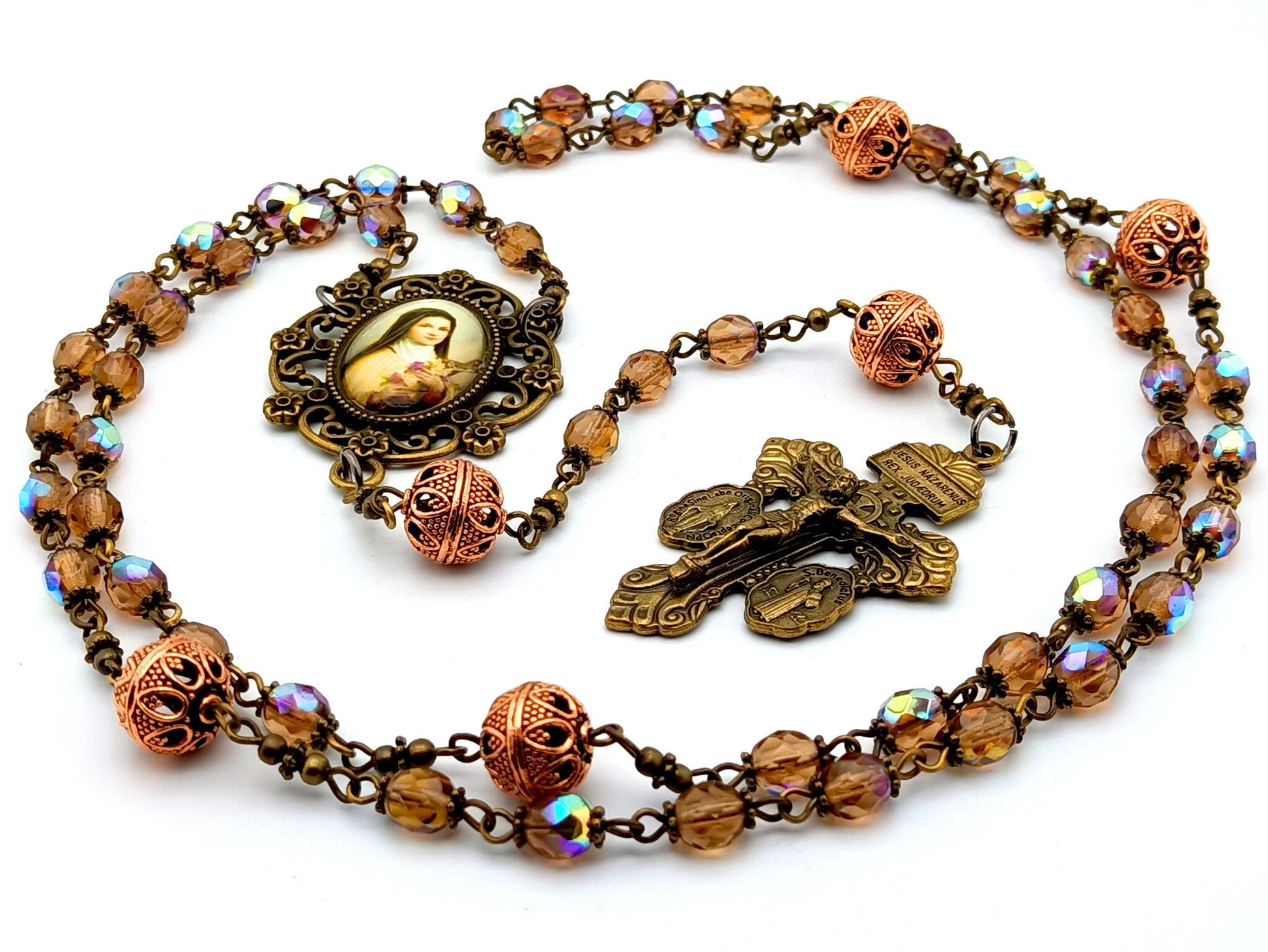 Saint Therese of Lisieux unique rosary beads with rose gold faceted glass and copper beads, bronze pardon crucifix and picture centre medal.