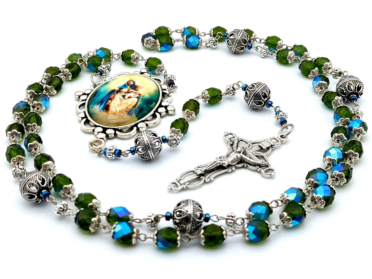 Our Lady of Mount Carmel unique rosary beads with blue green faceted glass and silver beads, filigree crucifix and large picture centre medal.