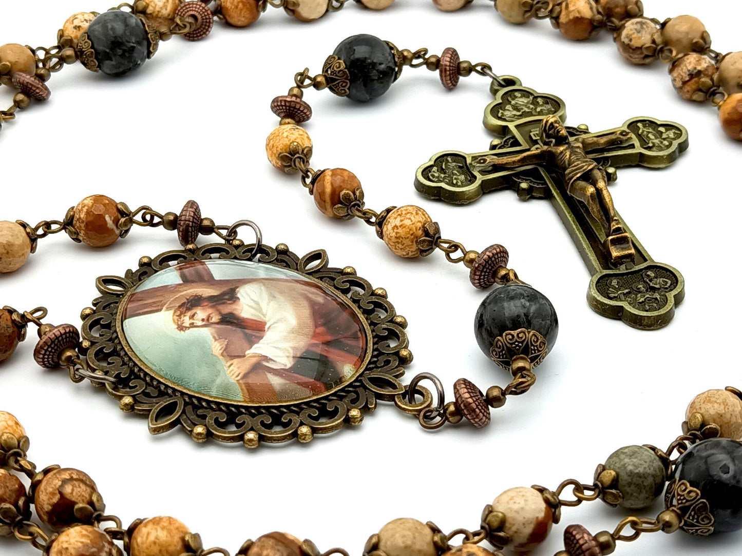 Way of the Cross unique rosary beads with natural gemstone beads, large twelve apostles crucifix and large picture centre medal.