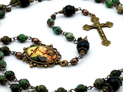 The Crucifixion unique rosary beads with green jasper and onyx gemstone beads, bronze crucifix and picture centre medal.