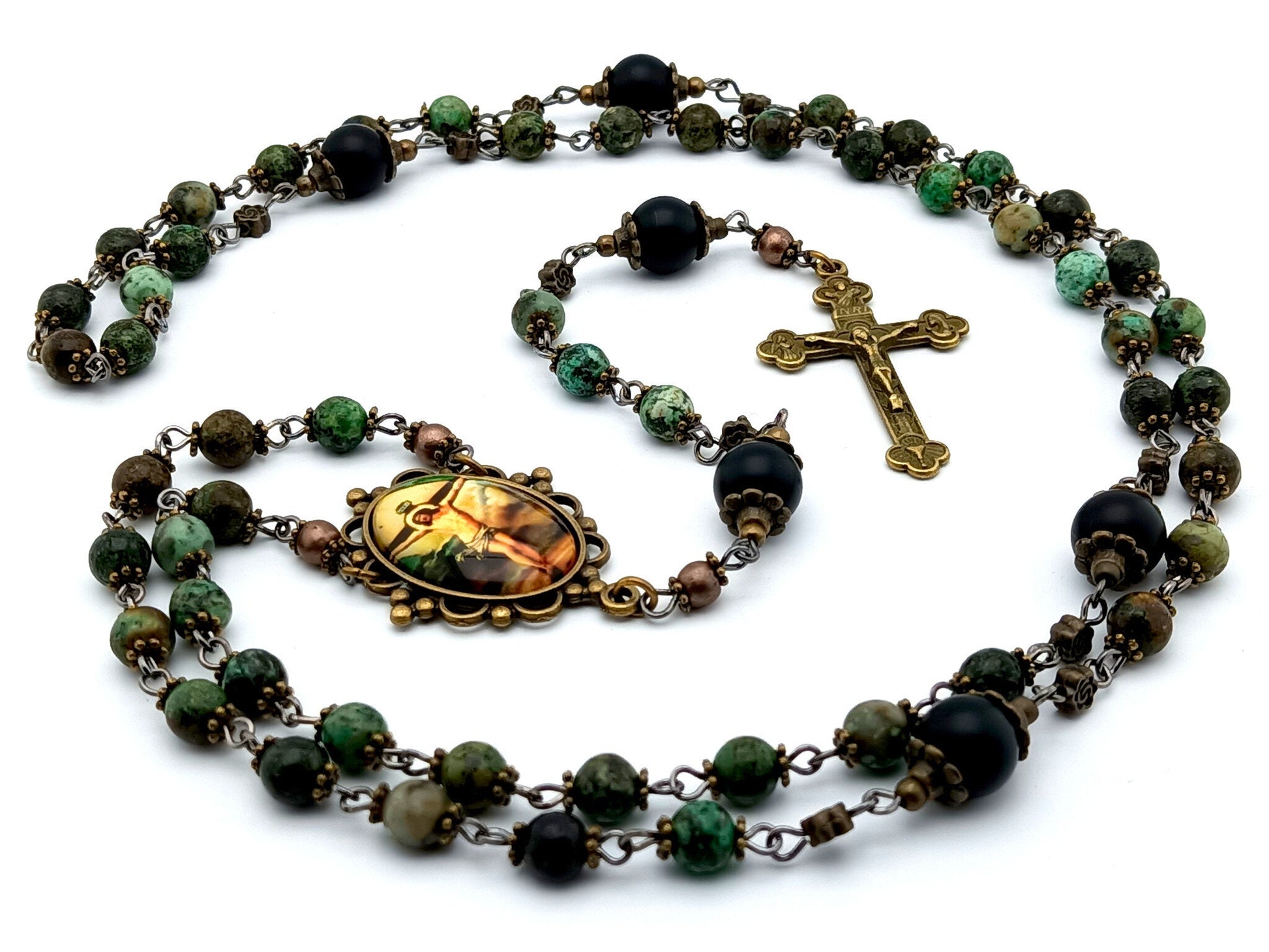 The Crucifixion unique rosary beads with green jasper and onyx gemstone beads, bronze crucifix and picture centre medal.