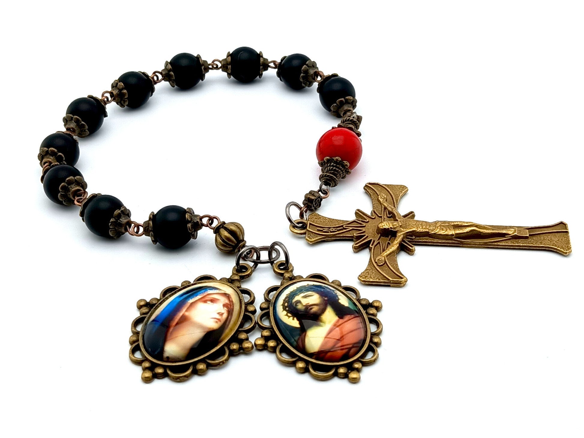 Crown of Thorns unique rosary beads single decade rosary with onyx and red gemstone beads, bronze crucifix and Christs passion and Sorrowful Mother picture medals.