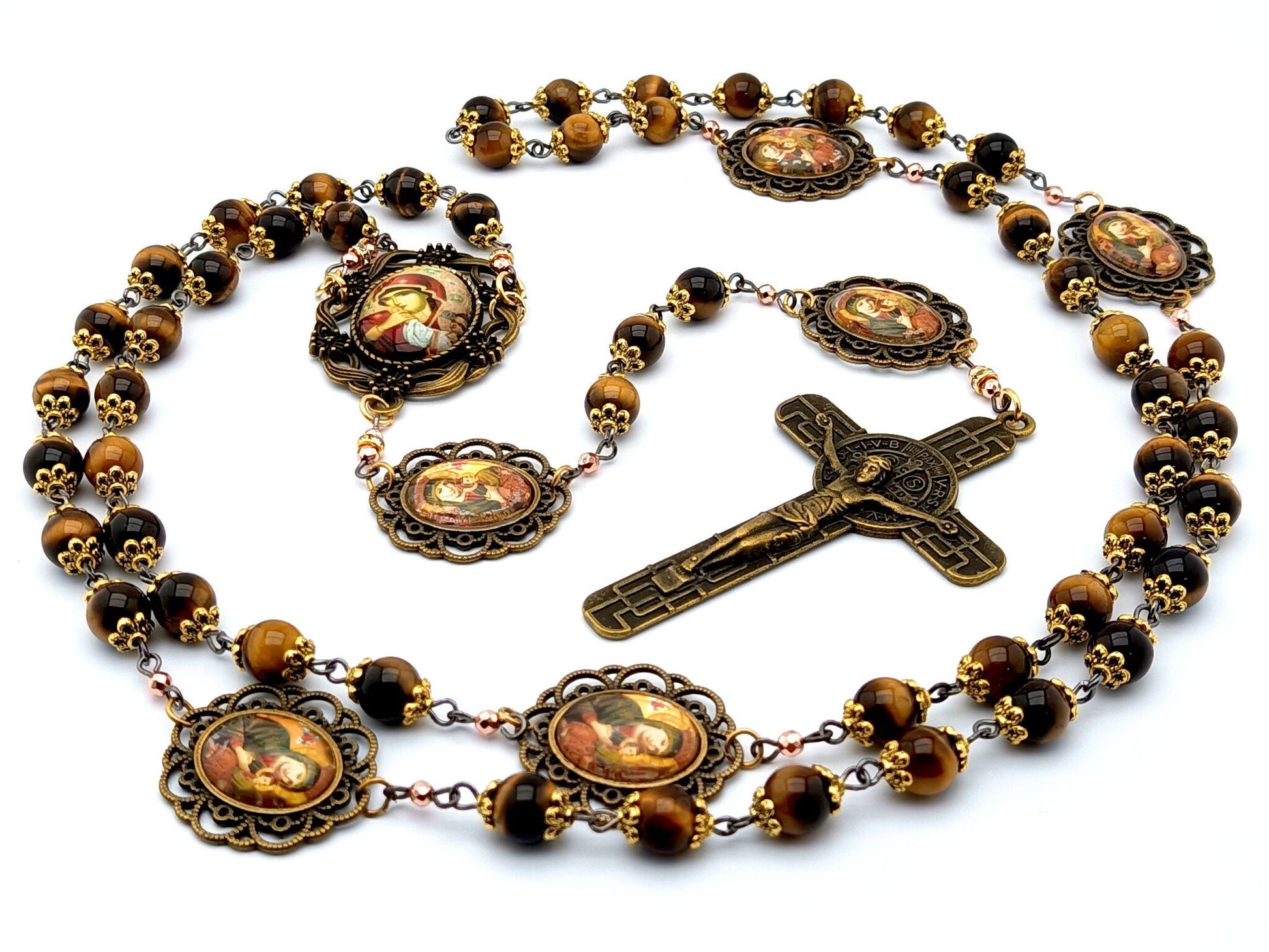 Our Lady of Perpetual Help unique rosary beads with tigers eye gemstone beads, picture medal pater beads, bronze crucifix and picture centre medal.
