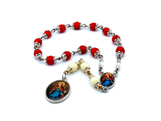 Saint Philomena unique rosary beads prayer chaplet with red and white howlite  gemstone beads, silver picture medals.