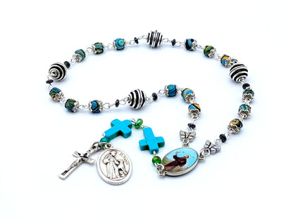 Saint Francis of Assisi unique rosary beads prayer chaplet with malachite gemstone and silver beads, turquoise cross beads, silver crucifix and picture centre medal.
