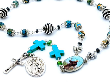 Saint Francis of Assisi unique rosary beads prayer chaplet with malachite gemstone and silver beads, turquoise cross beads, silver crucifix and picture centre medal.