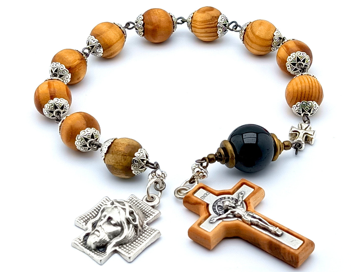 Crown of Thorns unique rosary beads single decade rosary beads with wooden and onyx beads, olive wood and silver crucifix and silver medal.