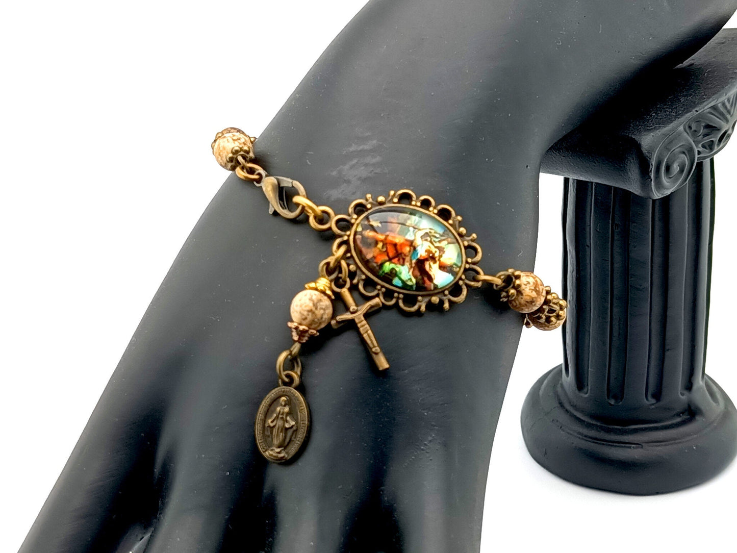 Saint Michael unique rosary beads single decade bracelet with agate gemstone beads, bronze crucifix, Miraculous medal and picture centre medal.