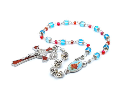 Infant of Prague unique rosary beads prayer chaplet with blue quartz gemstone beads, red enamel crucifix and silver picture centre medal.