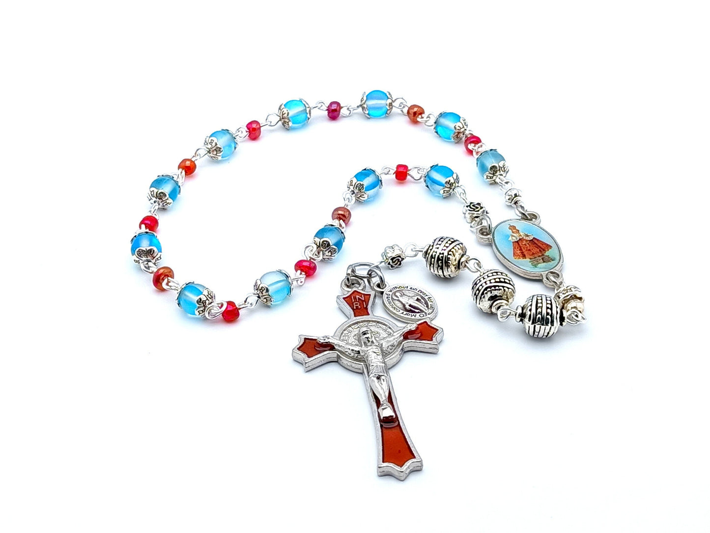 Infant of Prague unique rosary beads prayer chaplet with blue quartz gemstone beads, red enamel crucifix and silver picture centre medal.