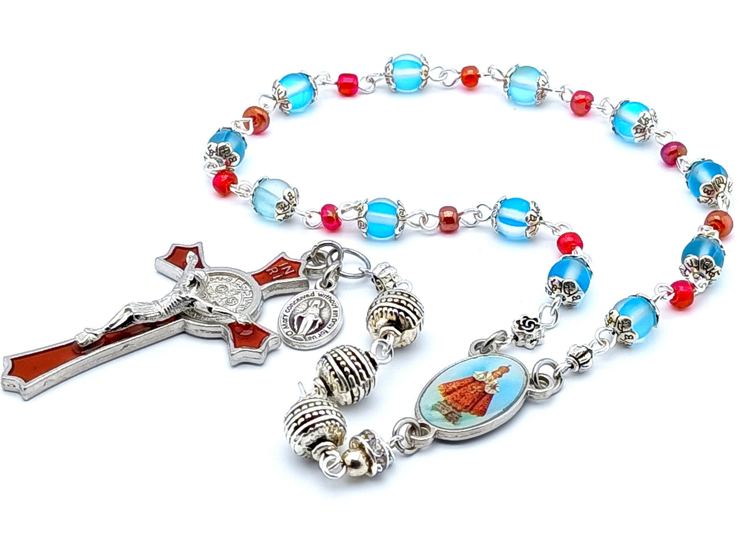 Infant of Prague unique rosary beads prayer chaplet with blue quartz gemstone beads, red enamel crucifix and silver picture centre medal.