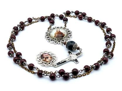 Saint Anthony of Padua unique rosary beads prayer chaplet with blood stone gemstone beads, black enamel crucifix and silver picture medals.