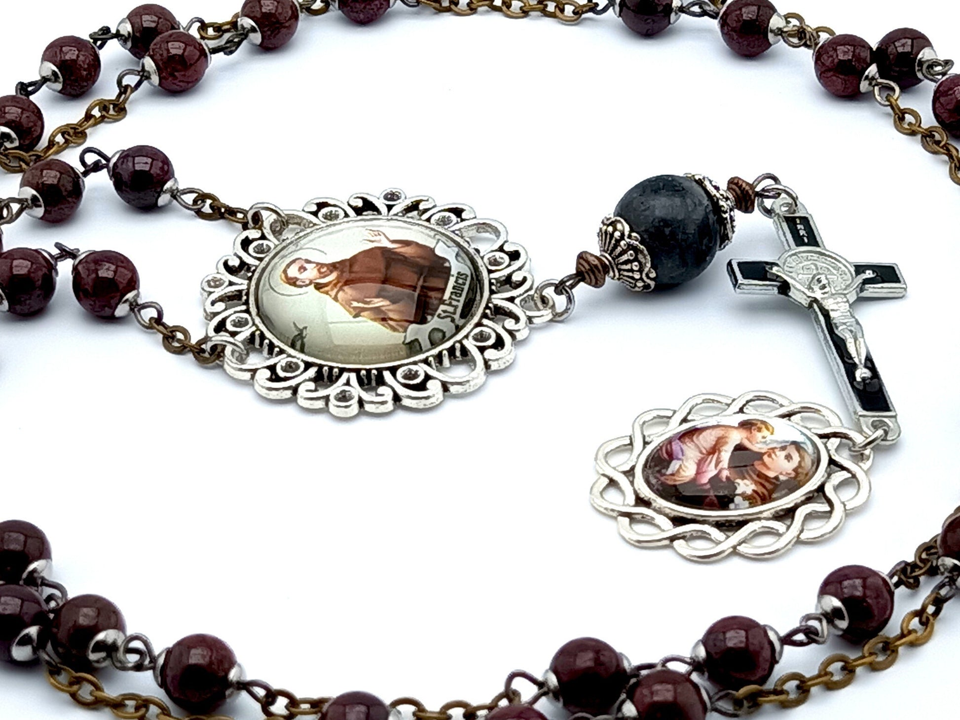 Saint Anthony of Padua unique rosary beads prayer chaplet with blood stone gemstone beads, black enamel crucifix and silver picture medals.