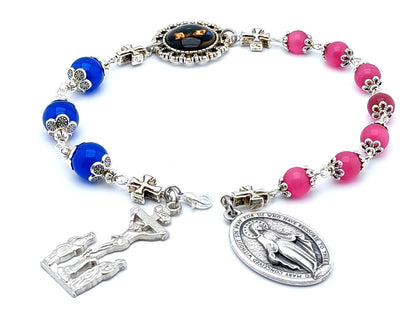 Our Lady of Sorrows unique rosary beads servite prayer chaplet with pink and blue glass beads, silver crucifix and medals.