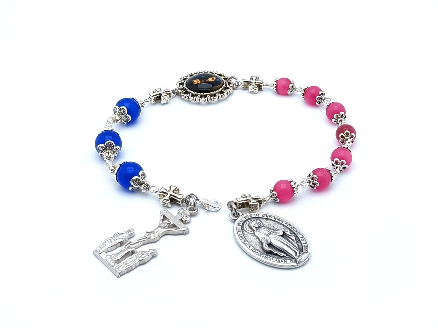 Our Lady of Sorrows unique rosary beads servite prayer chaplet with pink and blue glass beads, silver crucifix and medals.