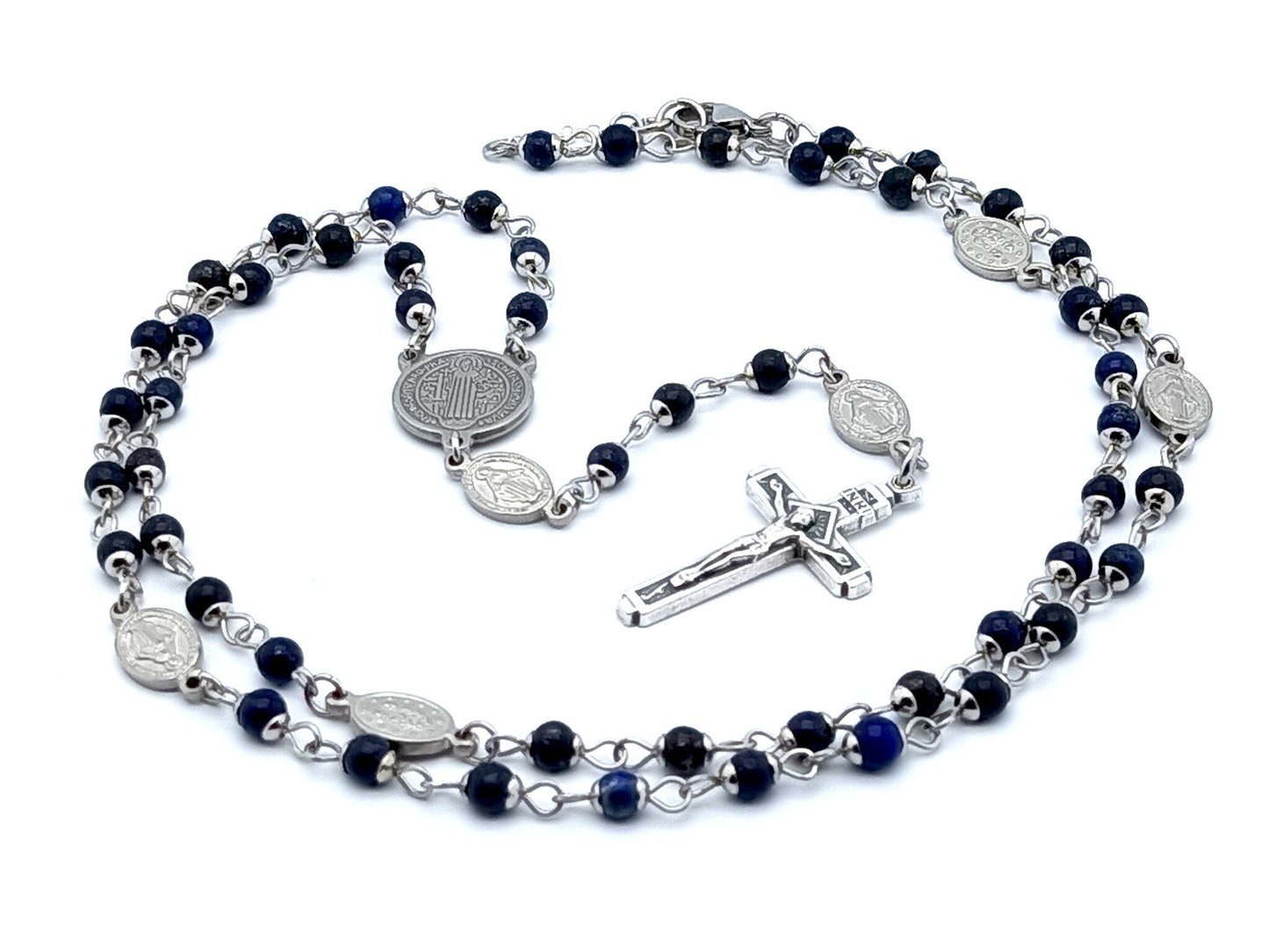 Saint Benedict unique rosary beads with lapis lazuli bead, Miraculous medal pater beads, silver crucifix and stainless steel centre medal.