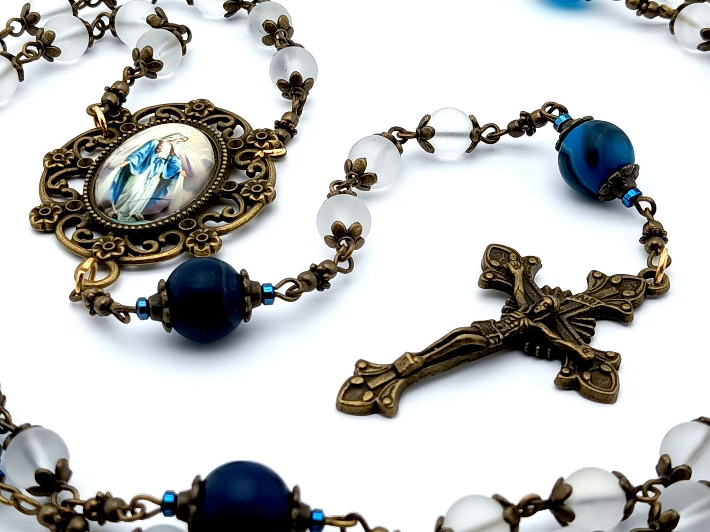 Our Lady of Grace unique rosary beads with frosted glass and blue agate gemstone beads, bronze crucifix and picture centre medal.