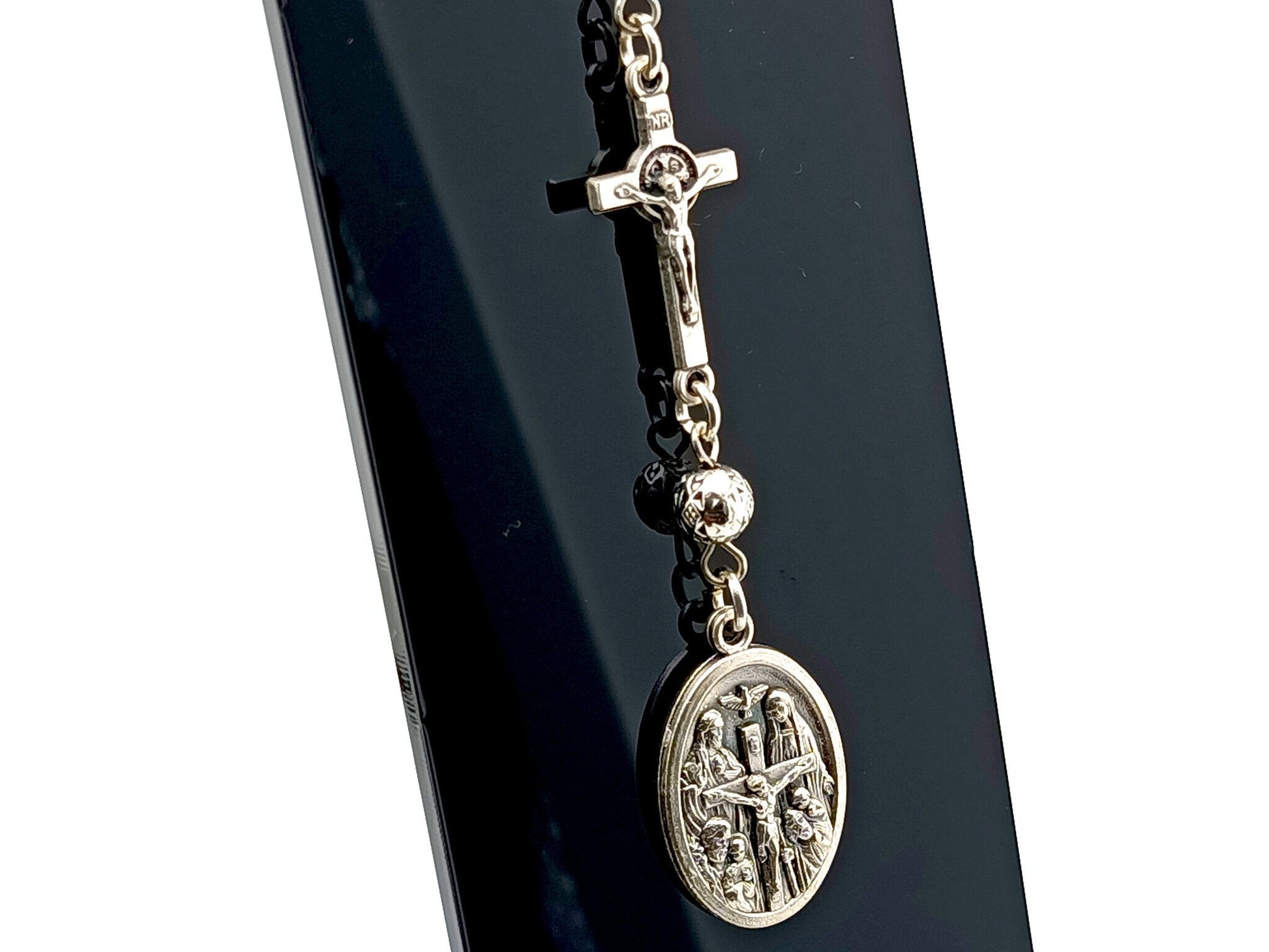 The Crucifixion unique rosary beads purse clip with Saint Benedict crucifix, silver medal and clip.