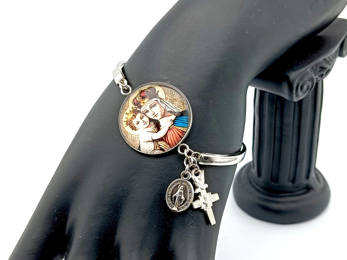 Our Lady Helper of Christians unique rosary beads bracelet with stainless steel bangle, clasp and picture medal.