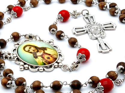 Sacred Heart unique rosary beads with dark wood and red gemstone beads, silver Holy Face crucifix and picture centre medal.