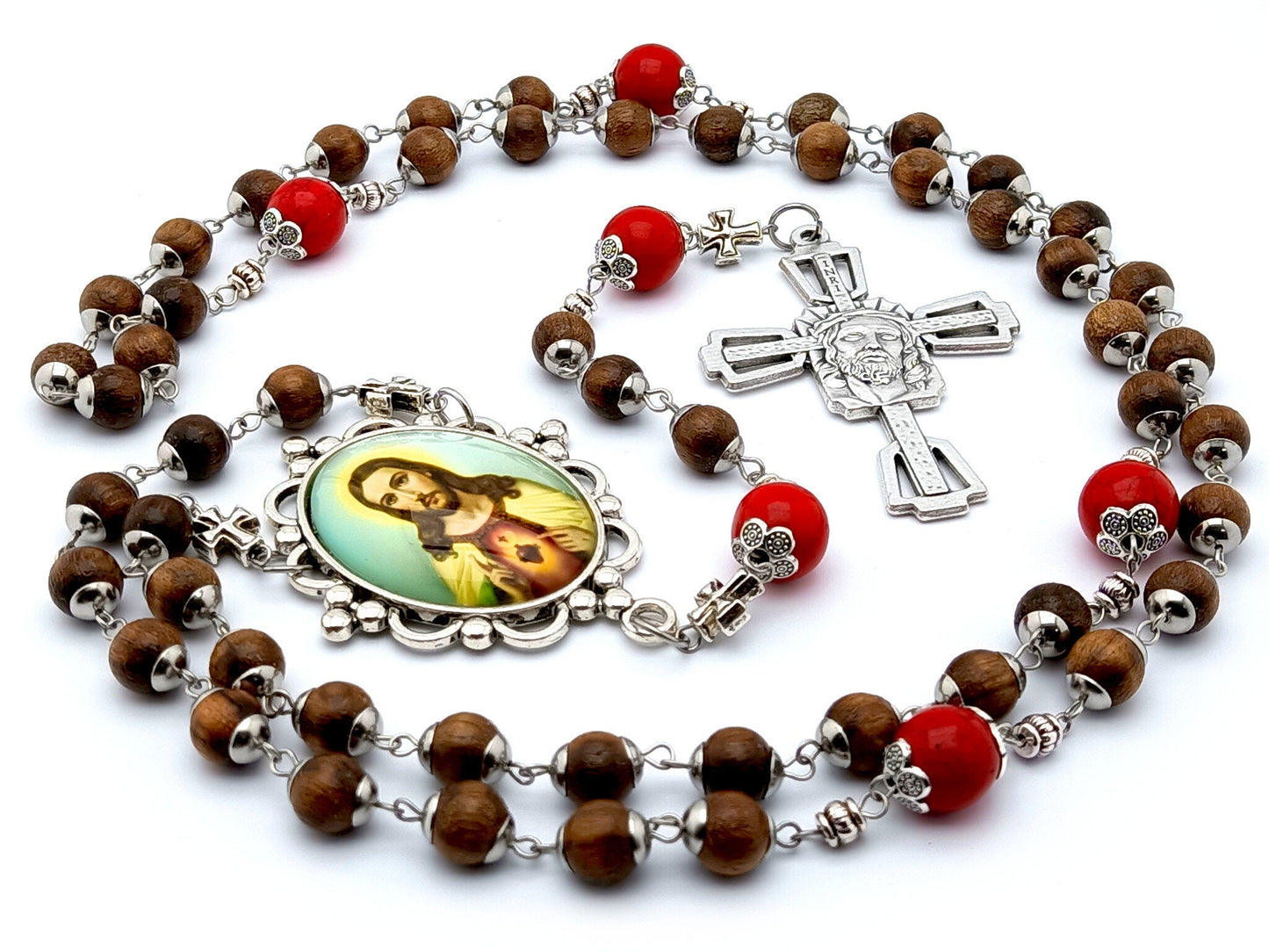 Sacred Heart unique rosary beads with dark wood and red gemstone beads, silver Holy Face crucifix and picture centre medal.