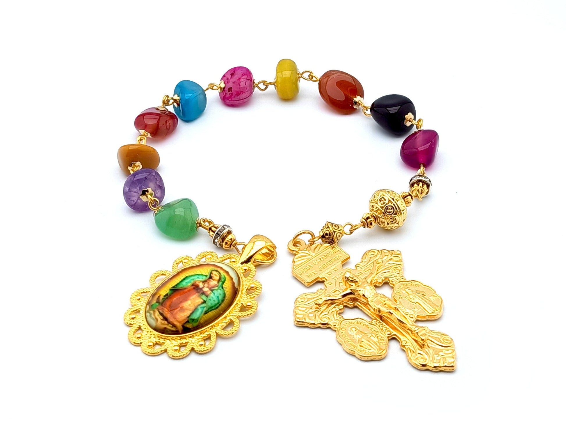 Our Lady of Guadalupe unique rosary beads single decade rosary with multi coloured nugget gemstone beads, golden pardon crucifix and picture centre medal.