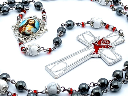 Sacred Heart unique rosary beads with hematite gemstone beads, silver and white enamel dove crucifix and picture centre medal.