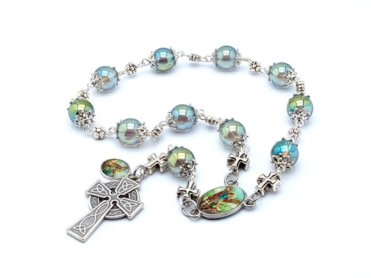 Saint Michael unique rosary beads single decade rosary with pale green and blue glass beads, silver cross detail, celtic crucifix and picture centre medal.