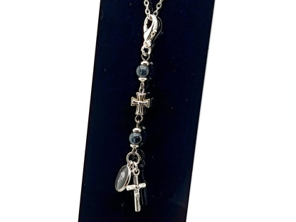 Memento Mori unique rosary beads purse clip with crucifix, medal and lobster clip.