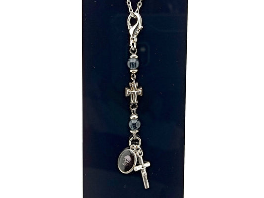 Memento Mori unique rosary beads purse clip with crucifix, medal and lobster clip.