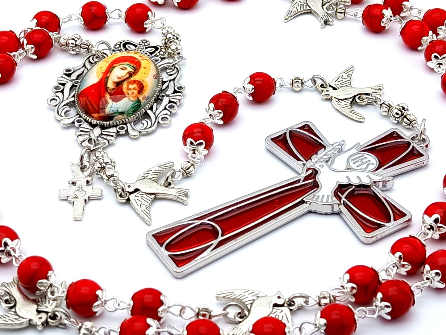 Our Lady of Perpetual Help unique rosary beads with red gemstone beads, silver and red enamel dove crucifix, silver dove pater beads and picture centre medal.