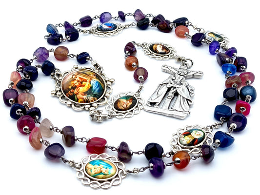 Virgin Mary unique rosary beads with multi coloured agate gemstone beads, silver two Marys crucifix picture pater beads and picture centre medal.