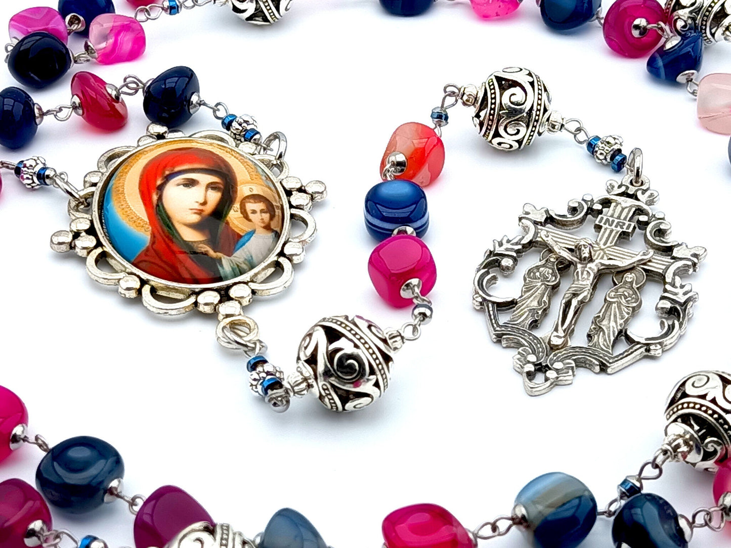 Our Lady of Perpetual Help unique rosary beads with multi coloured  agate gemstone beads, silver two Marys crucifix and picture centre medal.