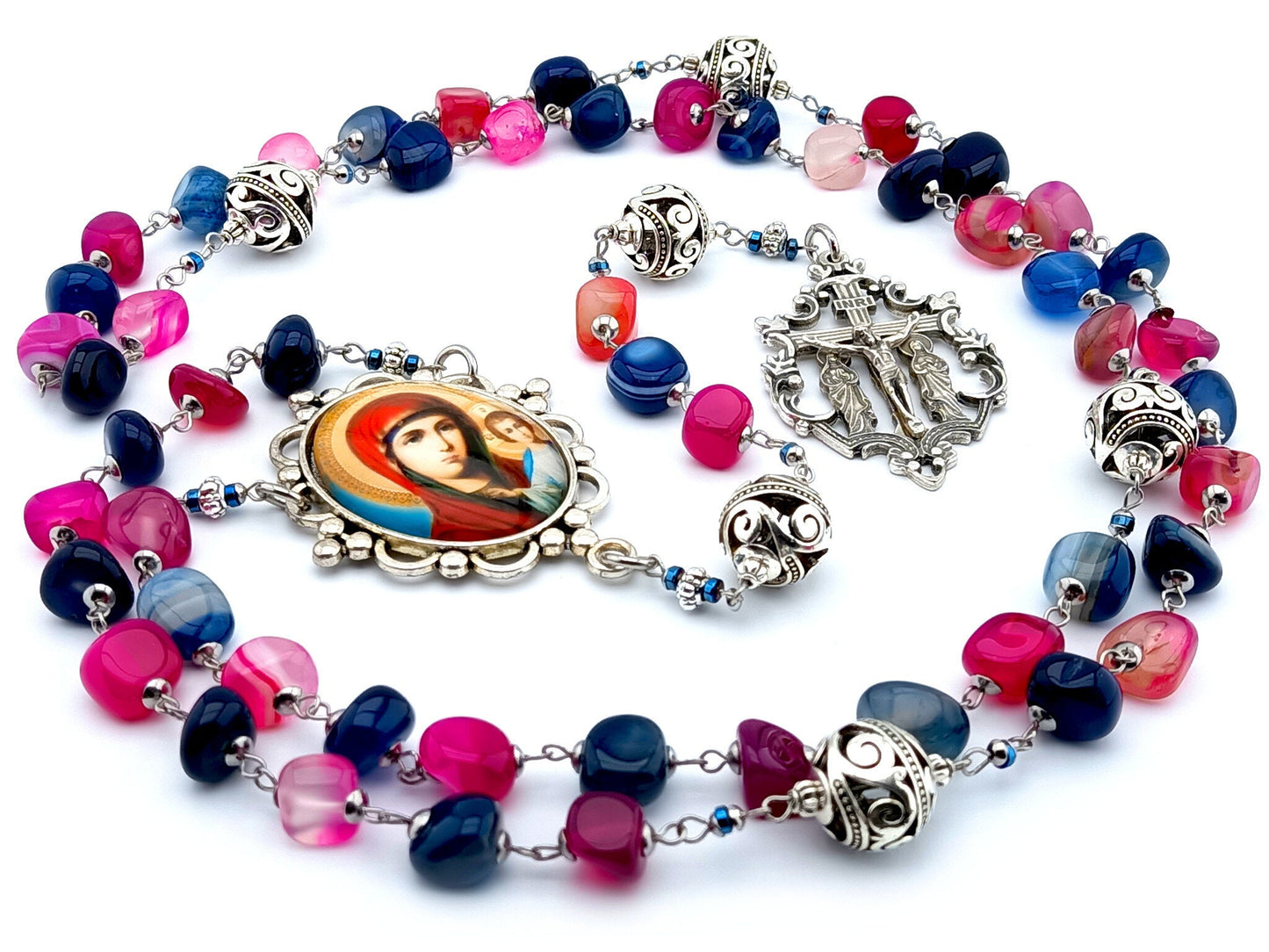 Our Lady of Perpetual Help unique rosary beads with multi coloured  agate gemstone beads, silver two Marys crucifix and picture centre medal.