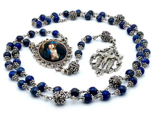 Our Lady of Sorrows unique rosary beads with lapis lazuli and silver beads, two Marys crucifix and large picture centre medal.