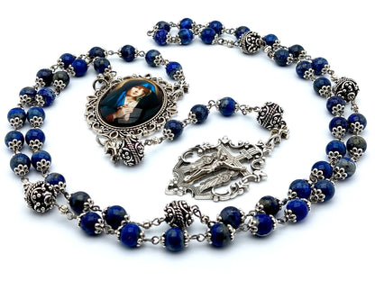 Our Lady of Sorrows unique rosary beads with lapis lazuli and silver beads, two Marys crucifix and large picture centre medal.