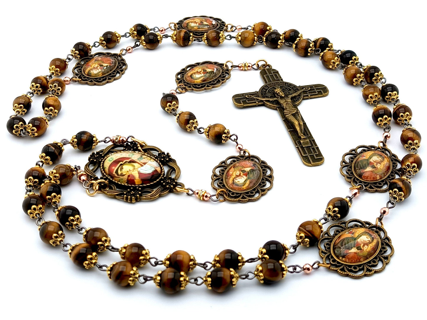Our Lady of Perpetual Help unique rosary beads with tigers eye gemstone beads, picture medal pater beads, bronze crucifix and picture centre medal.